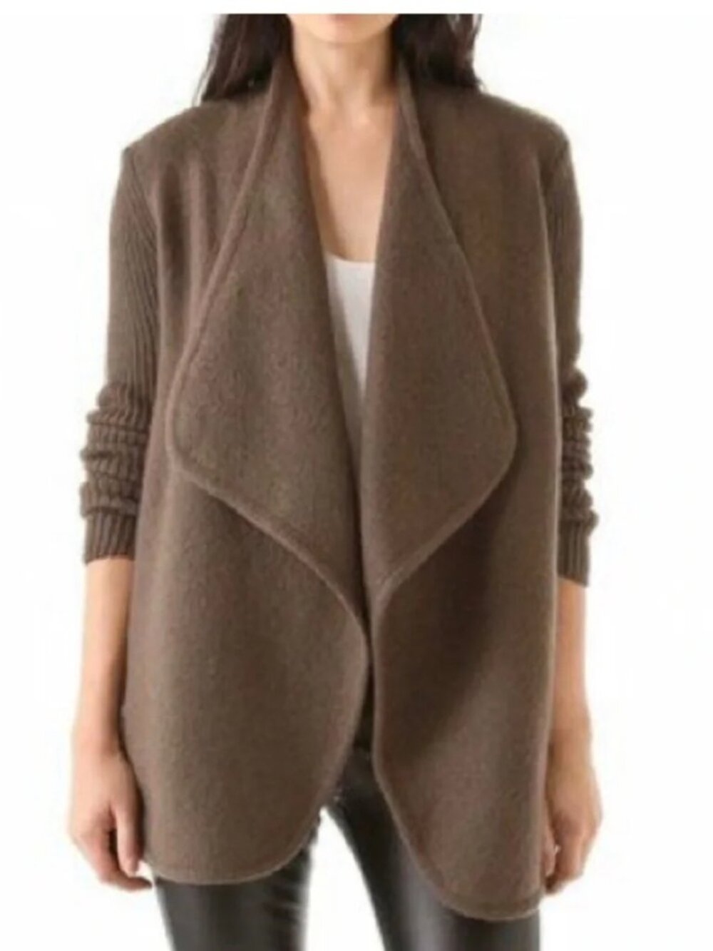 Vince 100% Wool Waterfall Drape Front Cardigan Ribbed Sleeves Mocha, Size M